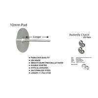 10mm Pad LONGER 11.1 mm Stud USA Surgical Stainless Steel - Clutch Options - LONGER Post 