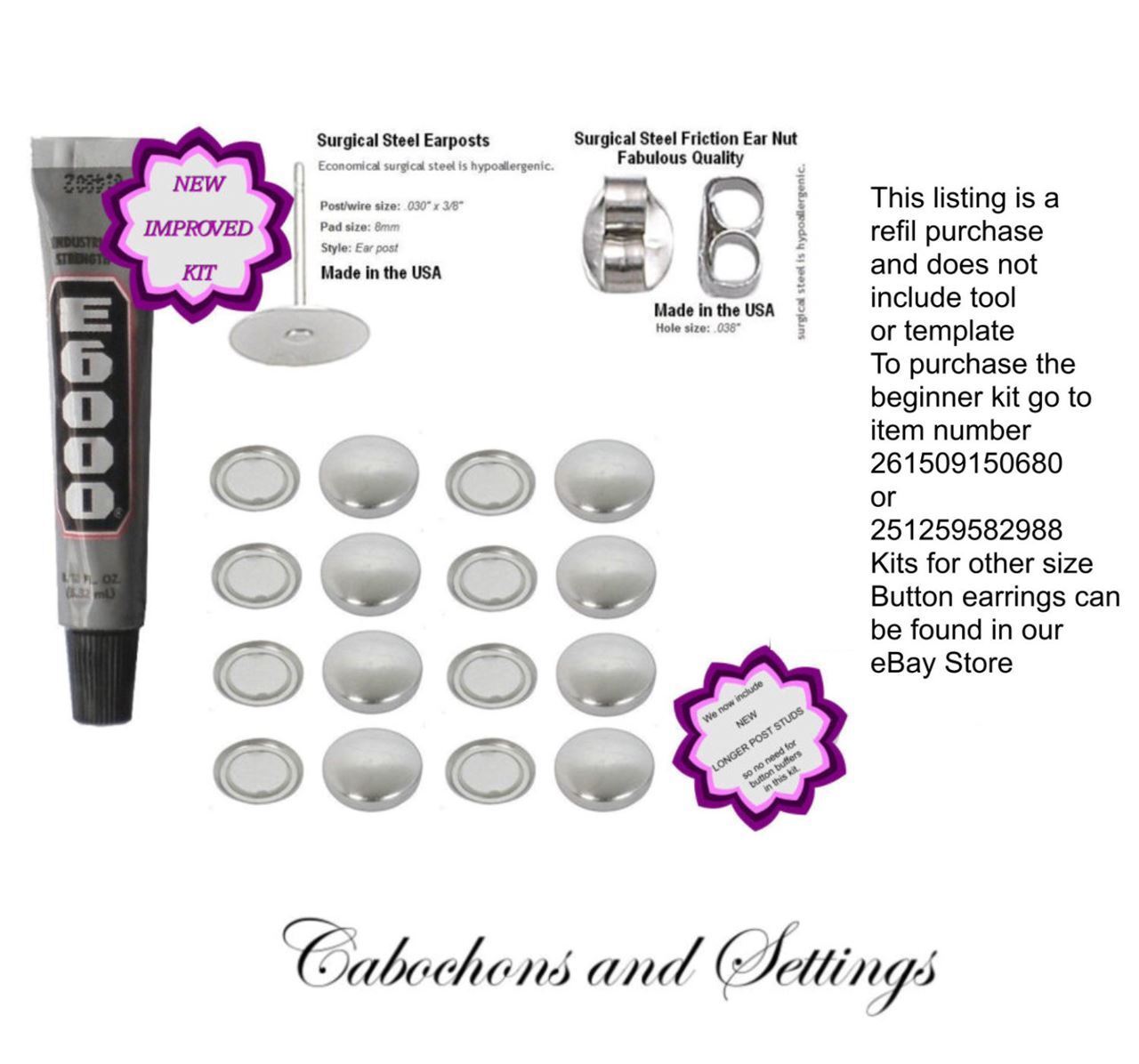 19mm Earring Kit Fabric Self Cover Button DIY Stud Stainless Steel