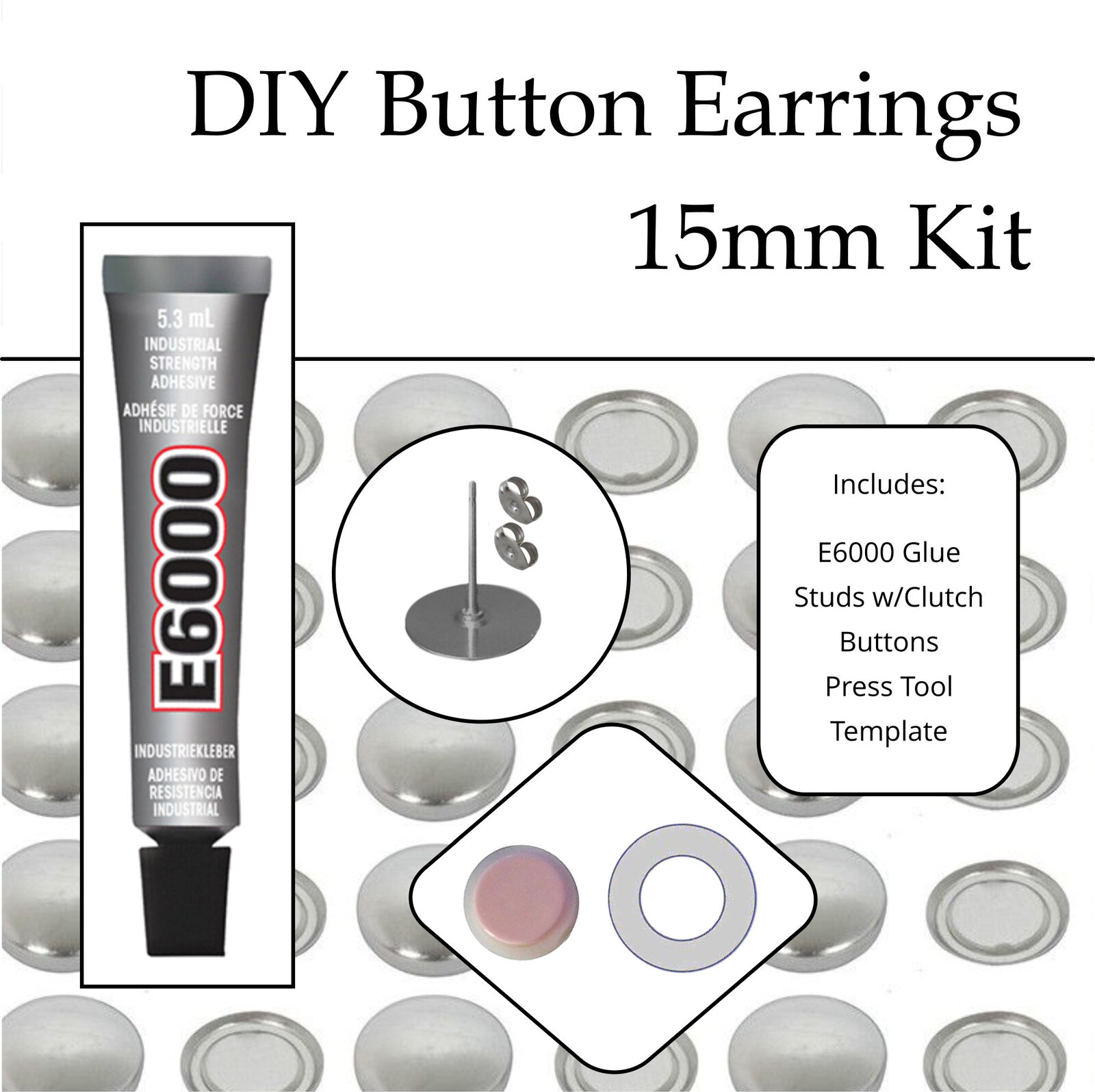 15mm Earring Kit Fabric Self Cover Concave Button DIY KIT Stud Stainless Steel ( - Picture 12 of 12