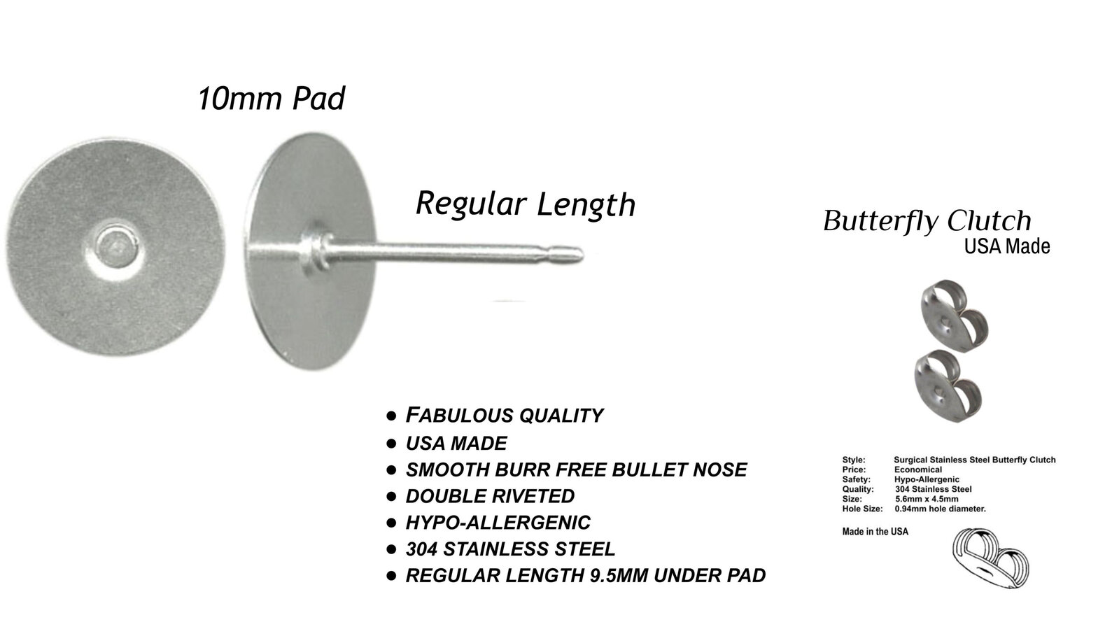 10mm Pad USA Surgical Stainless Steel Studs with Clutch Variations - Standard Le - Picture 10 of 35