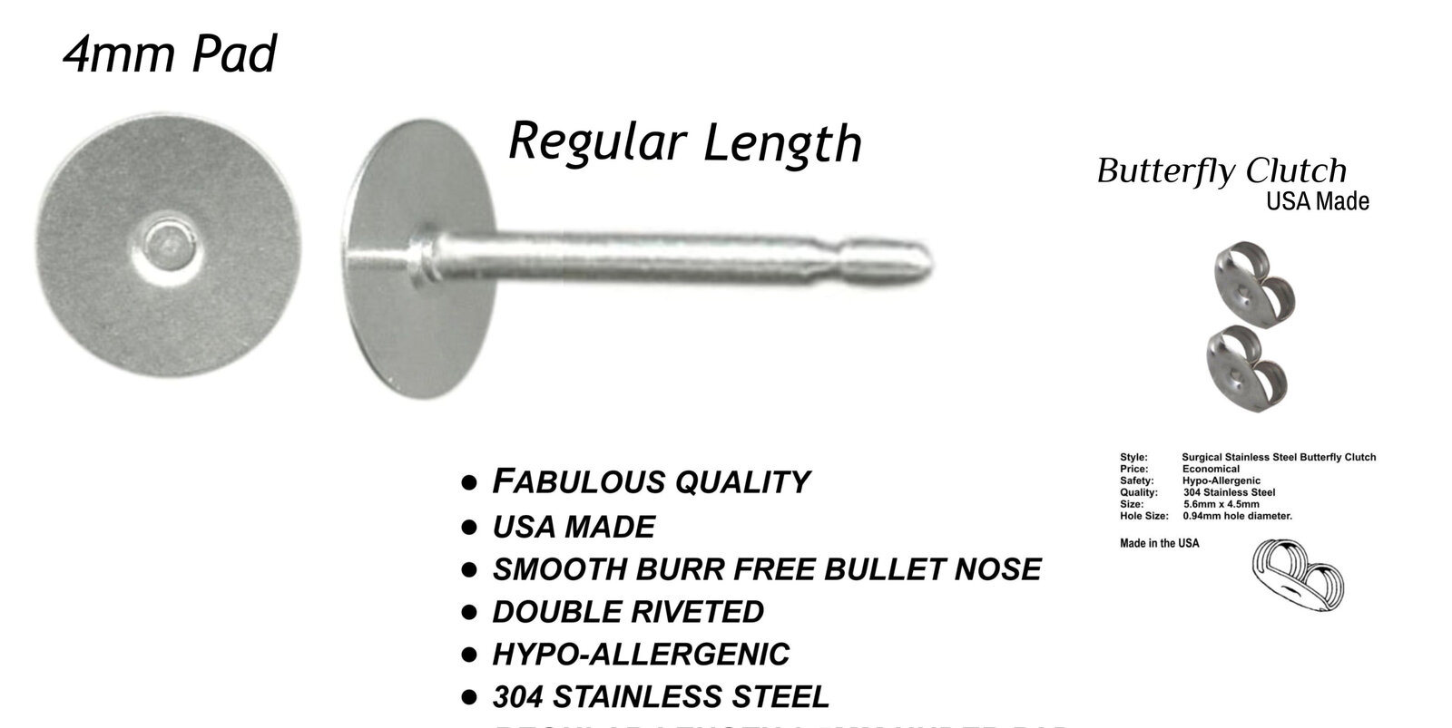 4mm Pad USA Surgical Stainless Steel Studs with Clutch Variations - Standard Len - Picture 11 of 35