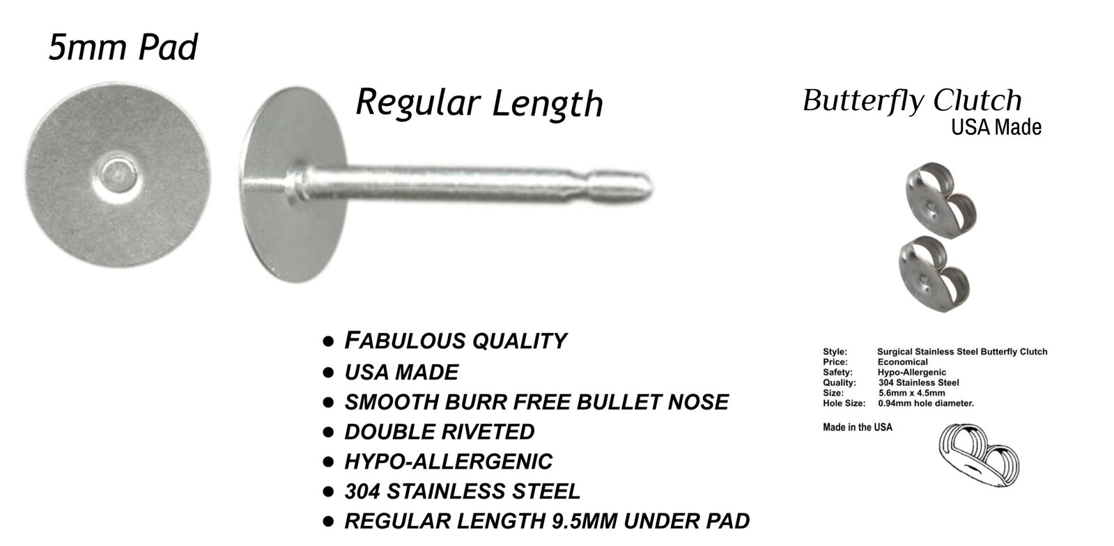 5mm Pad USA Surgical Stainless Steel Studs - Choose Clutch - Standard Length Pos - Picture 9 of 35