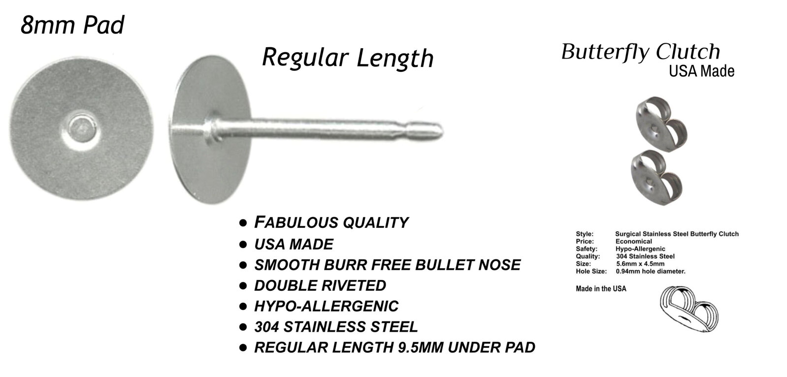 8mm Pad USA Surgical Stainless Steel Studs with Clutch Variations -Standard Leng - Picture 8 of 35