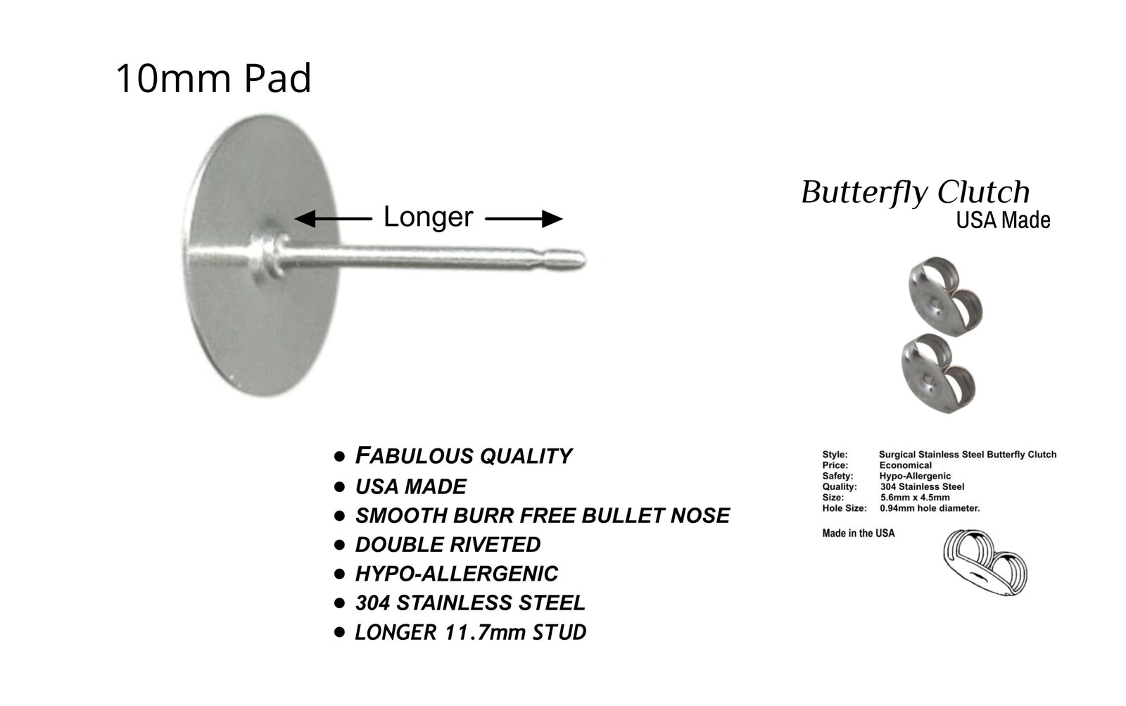 10mm Pad LONGER 11.1 mm Stud USA Surgical Stainless Steel - Clutch Options - LON - Picture 9 of 35