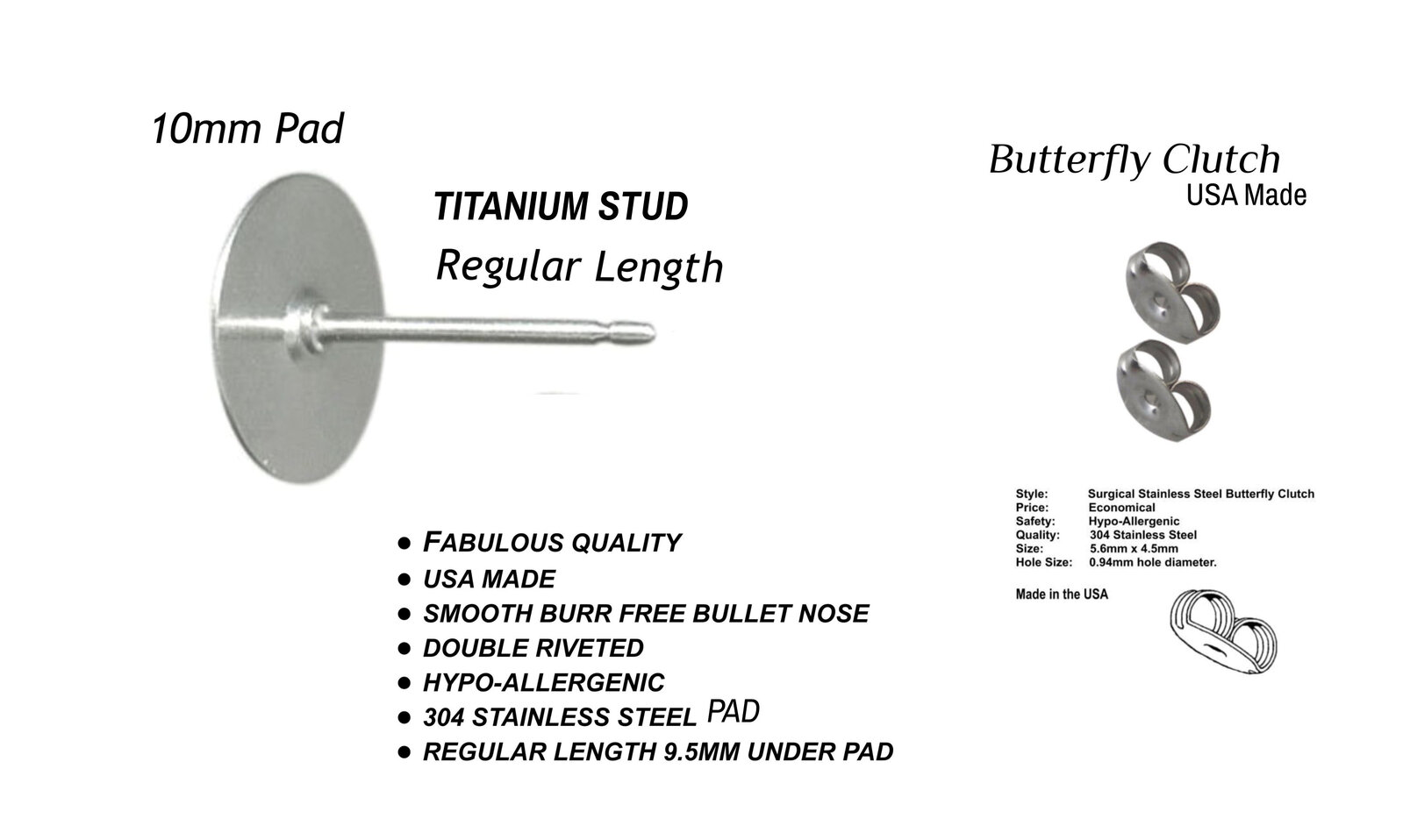 10mm - Titanium 9.5mm Stud Length - Clutch Options - Hypo-allergenic - Surgical - Bild 11 von 35