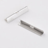 20 x Steel  Ribbon Crimp Ends, Silver Color Plated 8x35mm with Loop