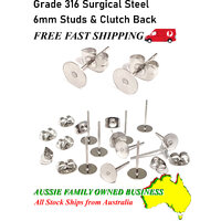 6mm SURGICAL Stainless Steel 316 Earring Posts & Back Clutch - Free Fast Shipping