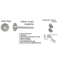 3mm  - Titanium 9.5mm Stud Length - Clutch Options - Hypo-allergenic - Surgical Steel Pad