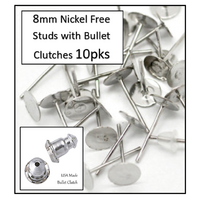 10   x  8mm Pad  Nickel Free Studs with Bullet Clutches 