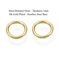 18k Gold 8mm Jump Rings: Stainless Steel  1mm Thickness