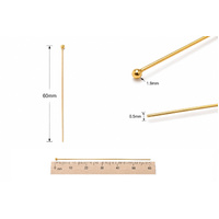 18k Gold Plated Head Pins 60mm, Ball Head: 1.9mm, 304 Stainless Steel  24g .05mm