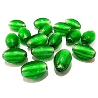 5 x Ellipsoid Czech Glass Lampwork Beads - Emerald Green with Silver Foil