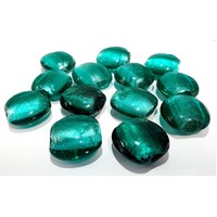 5 x Puffed Coin Czech Silver Foiled Lampwork Glass Beads - Teal 