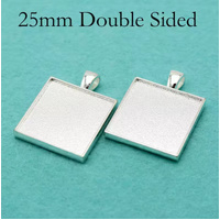 Double Sided Square Bezel Pendant - 25mm - Shiny Silver