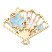2 or 10  x 30mm Golden Fan with Flower Enamel Charms 