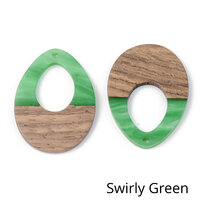 2 x 37mm Open Teardrop - Half & Half Resin & Wood - Swirly Green