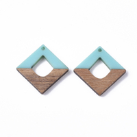 2 x 27mm Rhombus - Half & Half Resin & Wood - Aqua