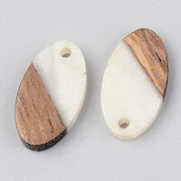 2 x Pearl  20mm Oval Pendant Wood and Resin