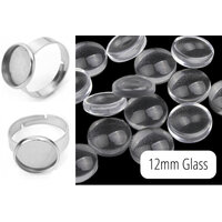 Ring and Glass Kit 12mm Bezel Stainless Steel Rings for Cabochon Adjustable Size - Non Tarnish