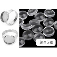 Ring and Glass Kit 12mm Bezel Stainless Steel Rings for Cabochon Adjustable Size