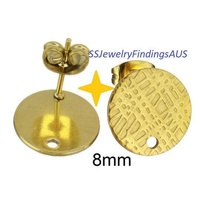 3 Pairs Stainless Steel Gold Plated Stud Earring Post Textured Pad with 1mm hole "Squiggle Design" 8mm Hypoallergenic Tarnish Resistant