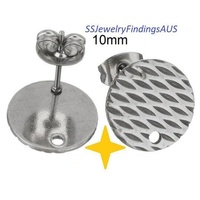 5 Pairs Stainless Steel Stud Earring Post Textured Pad with 1mm hole "Horse Eye Design" 10mm Hypoallergenic Tarnish Resistant