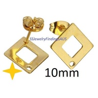 3 Pairs Stainless Steel Gold Plated Stud Earring Post with 10mm diameter Rhombus/Diamond Hypoallergenic Tarnish Resistant