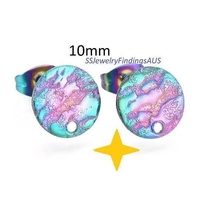 2 Pairs Stainless Steel Anodized and Plated Stud Earring Post "Textured" with 1mm hole 10mm Hypoallergenic Tarnish Resistant