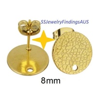 3 Pairs Stainless Steel Gold Plated Stud Earring Post Textured Pad with 1mm hole " Crazy Rocks Design" 8mm Hypoallergenic Tarnish Resistant
