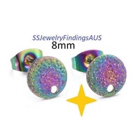 2 Pairs Stainless Steel Anodized and Plated Stud Earring Post "StarDust" with 1mm hole 8mm Hypoallergenic Tarnish Resistant