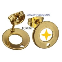 2 Pairs Stainless Steel Gold Plated Stud Earring Post with 10mm diameter Hoop Hypoallergenic Tarnish Resistant - jewellery making supplies 