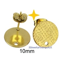 3 Pairs Stainless Steel Gold Plated Stud Earring Post Textured Pad with 1mm hole "Squiggle Design" 10mm Hypoallergenic Tarnish Resistant