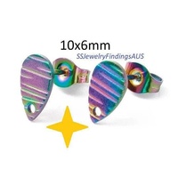 2 Pairs Stainless Steel Anodized and Plated Stud Earring Post "Linear Lined Teardrop" with 1mm hole 10x6mm Hypoallergenic Tarnish Resistant