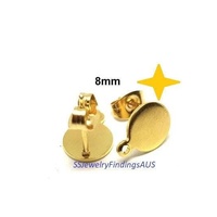 2 Pairs Stainless Steel Gold Plated Stud Earring Post Blank Pad with 1mm extension hole " Blank Design" 8mm Hypoallergenic Tarnish Resistant