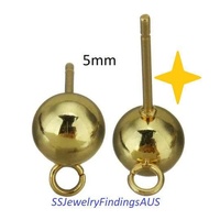 3 Pairs Stainless Steel Gold Plated 5mm Ball Stud Earring Posts with Loop and Tension Locking Nuts Hypoallergenic Tarnish Resistant