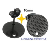 3 Pairs Stainless Steel Black Tone Stud Earring Post Textured Pad with 1mm hole "Horse Eye Design" 10mm Hypoallergenic Tarnish Resistant