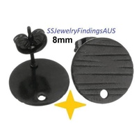 2 Pairs Stainless Steel Black Tone Stud Earring Post Textured Pad with 1mm hole "Linear Lines Design" 8mm Hypoallergenic Tarnish Resistant