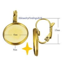 2 Pairs Stainless Steel Gold Plated Lever Back 6mm Blank Cabochon Setting Tray Hypoallergenic Tarnish Resistant