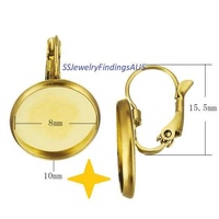 2 Pairs Stainless Steel Gold Plated Lever Back 8mm Blank Cabochon Setting Tray Hypoallergenic Tarnish Resistant