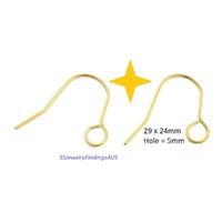 4 Pairs Stainless Steel Gold Plated LARGE HOLE Ear Wires Fish Hook 29mm Hypoallergenic Tarnish Resistant