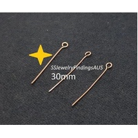 15 Pieces Stainless Steel Rose Gold 30mm Eye Pins 21 Gauge 0.7mm Hypoallergenic Tarnish Resistant - jewellery making supplies Australia