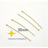 15 Pieces Gold plated Stainless Steel Ball Head Pins 30mm Hypoallergenic Tarnish Resistant - jewellery making supplies Australia