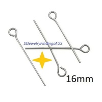 100+ Pieces 15mm Stainless Steel Eye Pins 21 Gauge 0.6mm Hypoallergenic Tarnish Resistant - jewellery making supplies Australia