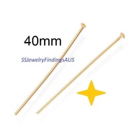 20 Pieces Gold Plated 40mm Stainless Steel Head Pins 0.6mm Hypoallergenic Tarnish Resistant - jewellery making supplies Australia