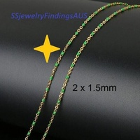 Stainless Steel Oval/Cable Link Chain 65mm Long Gold Tone Fine with Green Resin linked Bead Hypoallergenic