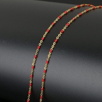 Stainless Steel Oval/Cable Link Chain 65mm Long Gold Tone Fine with Red Resin linked Bead Hypoallergenic