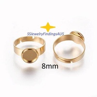 1 Pieces Stainless steel 8mm Gold Plated Adjustable Ring Pad Cabochon Setting Hypoallergenic - jewellery making supplies Australia