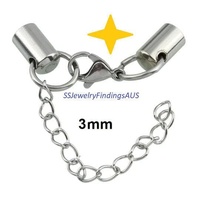 3 Pieces Stainless Steel End Cap with Lobster Clasp and Extender chain 3mm Hypoallergenic Tarnish Resistant