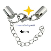 4 Pieces Stainless Steel End Cap with Lobster Clasp and Extender chain 4mm Hypoallergenic Tarnish Resistant
