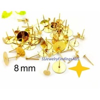 10 Pairs Stainless Steel Gold Vacuum Plated 8mm Pad Earring Studs with Tension Locking nuts Hypoallergenic Tarnish Resistant